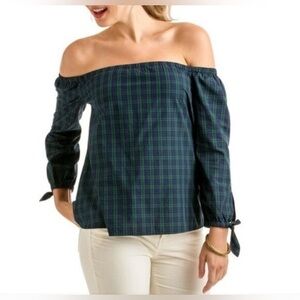 Talbots green/blue tartan plaid 3/4 sleeve blouse Off-Shoulder XS EUC